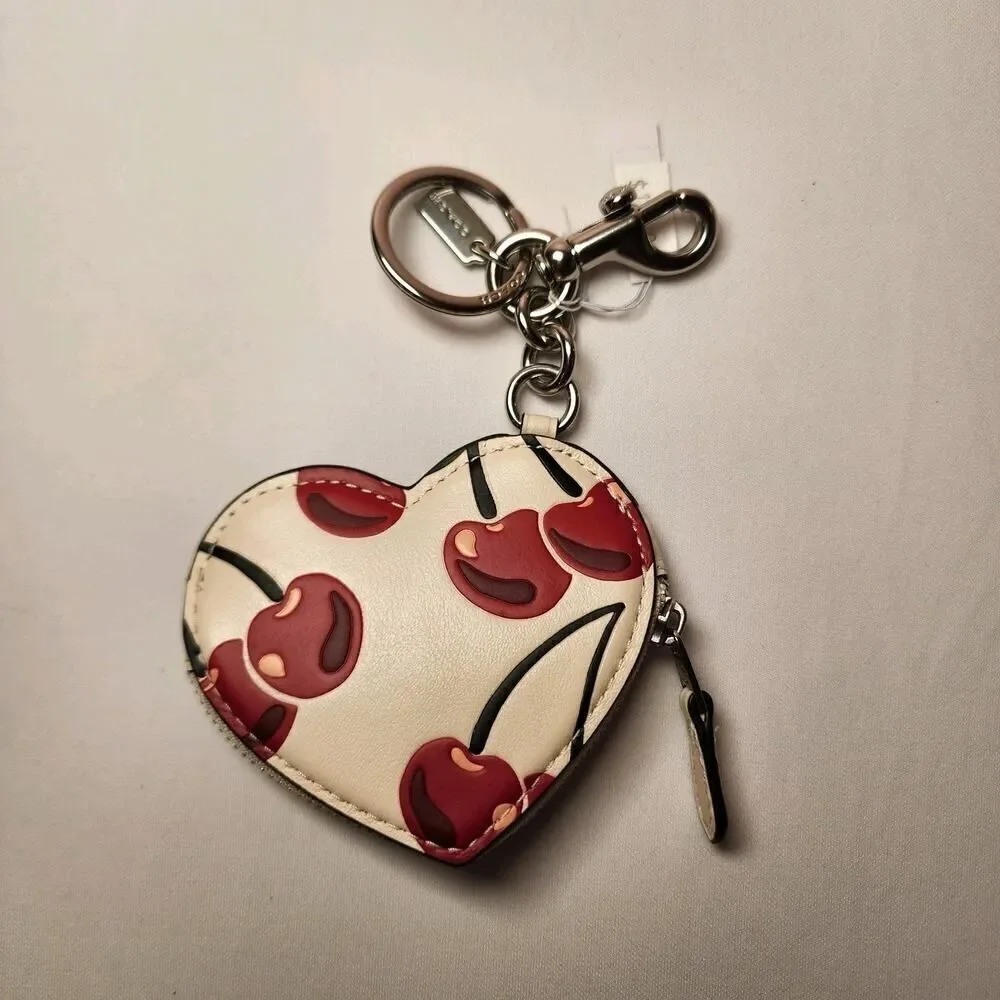 NWT Coach CZ091 Leather Heart Coin Pouch Bag Charm With Cherry Print